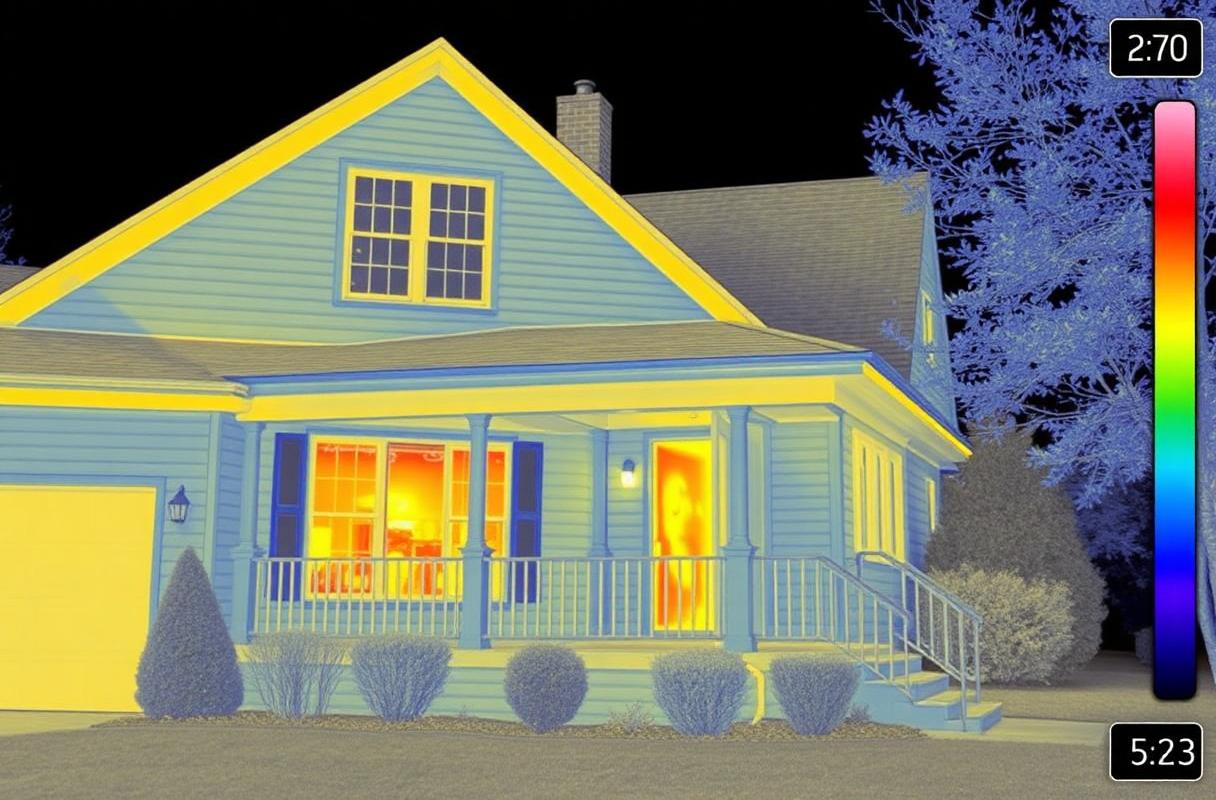 Thermografie-Aufnahme eines Wohngebäudes mit sichtbaren Wärmeverlusten